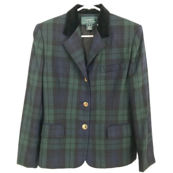 Lauren Ralph Lauren Jackets & Blazers - Lauren Ralph Lauren Blazer Women 6 Green Tartan Plaid Wool Velvet Collar Button